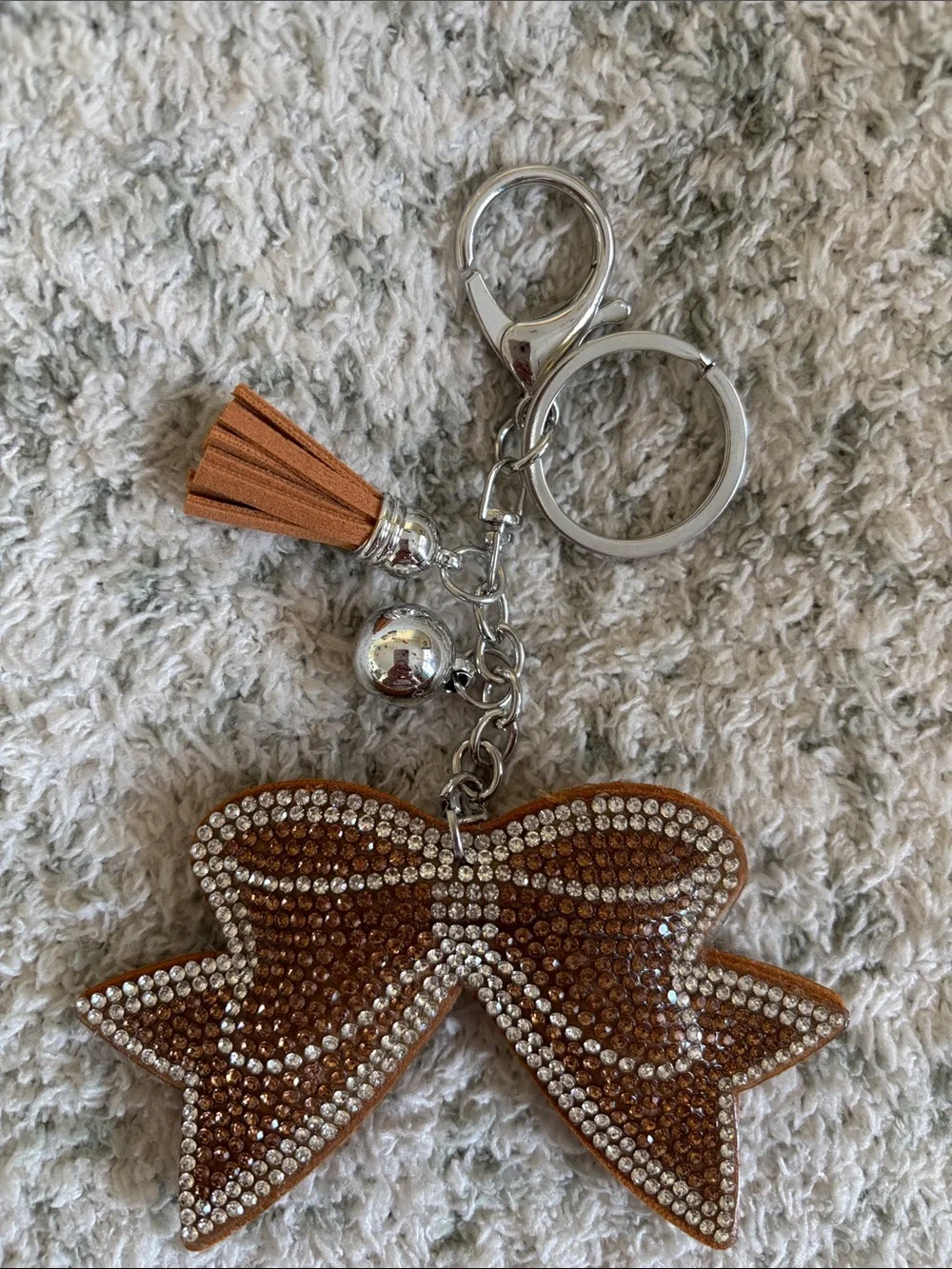 Western Rhinestone Bow Keychain with Tassel - Brown NWT 6”